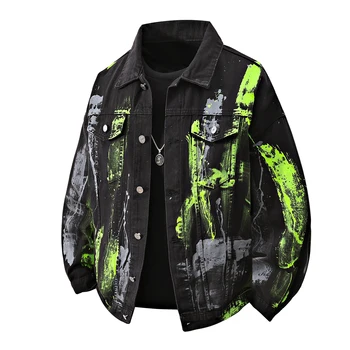 2026 Spring New Men'S Street Style Graffiti Print Denim Jacket Men'S High Quality Casual Comfortable Loose Jacket
