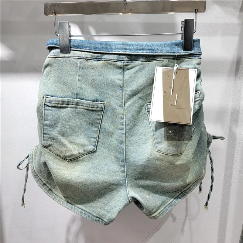 Chic Flanging Drawstring Jean Shorts Female Casual 2024 Summer New Streetwear Ins Women's High Waist Zipper Stretch Hot Pants