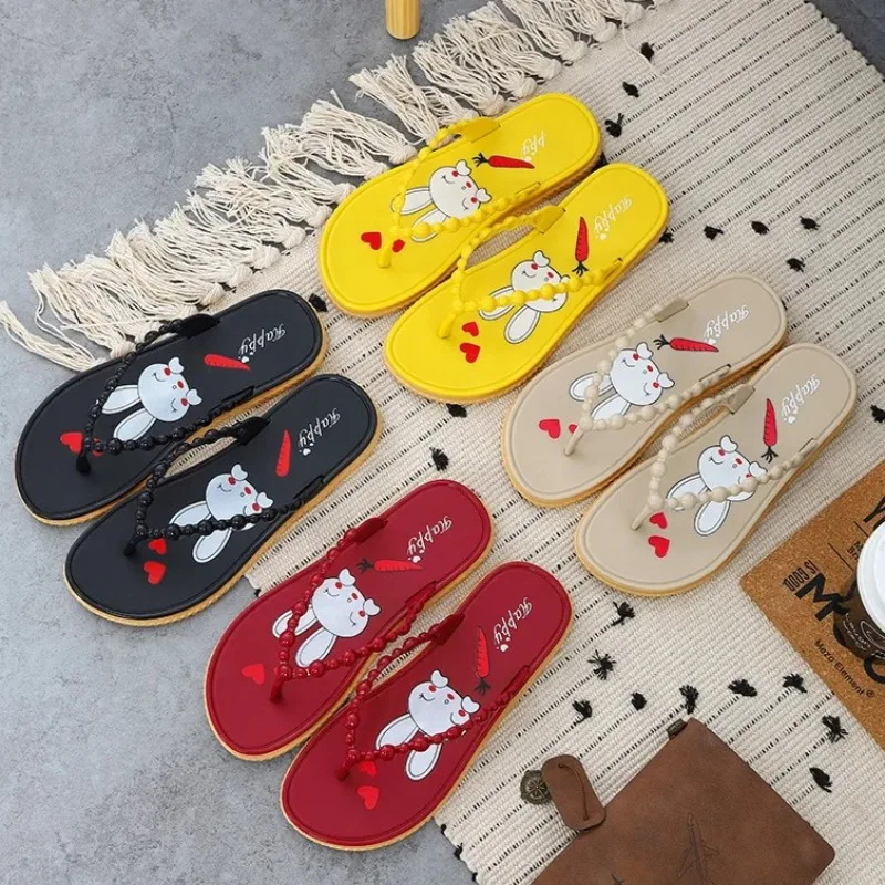 Cute PVC Rabbit Women's Slippers Non-Slip Thick Sole Bath Beach Sandals Summer Outdoor Casual Comfortable Flip Flops for Ladies