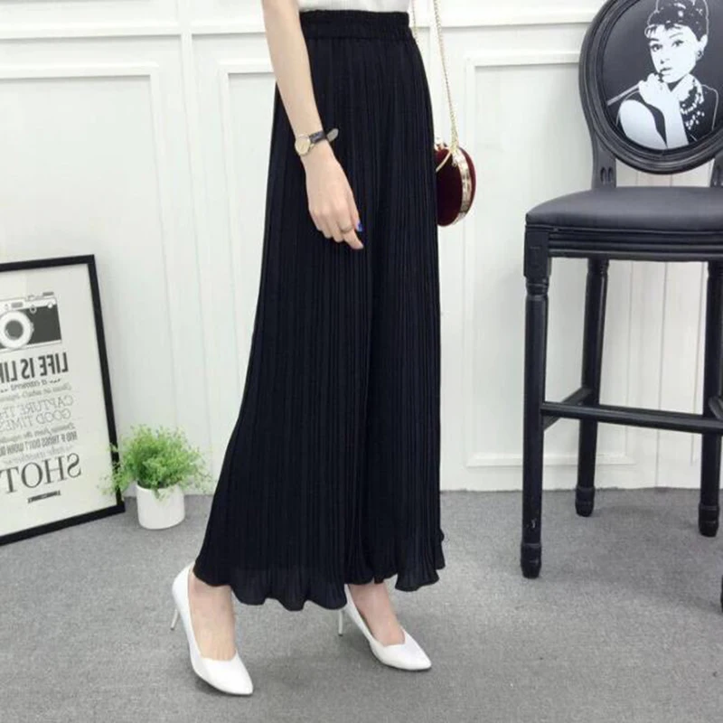 Summer Women's Pants Solid Color Pleated Pants Linen Wide Leg Pants Eight Points Low Waist Loose Street Casual Pants plus size capris