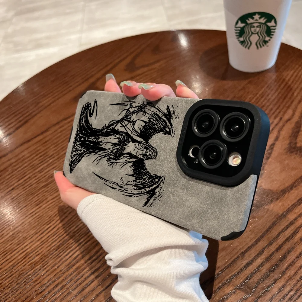 Elegant Black Angel Demon Suede Leather Silicone Phone Case - Luxury Soft Cover