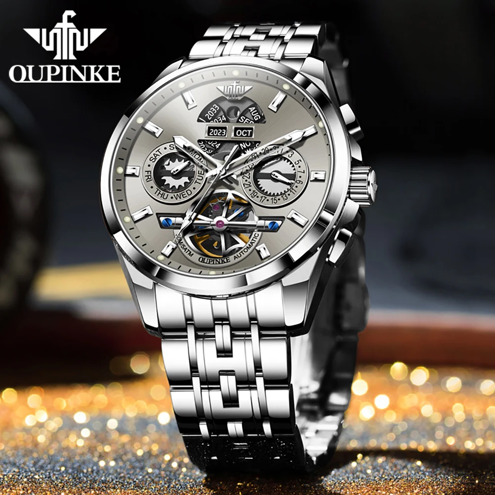 OUPINKE Original New In Men's Automatic Mechancial Watches Luxury Skeleton Classic Business Multi-functional Wristwatch for Men