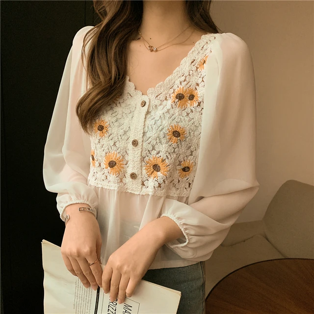 Crochet Top Chiffon Flower Embroidery Daisy Long Sleeve Button Front Fake Two-Piece Blouse Spring Summer Fairycore Cottagecore - Image 2