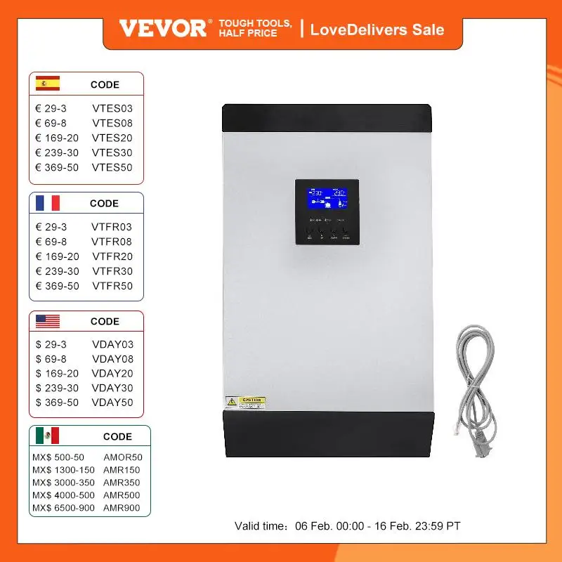 Vevor Inverter Solare Da 5000W Inverter Da Auto 48V A 230 V Ac Inverter Con Caricabatterie Ca E Regolatore Solare Mppt