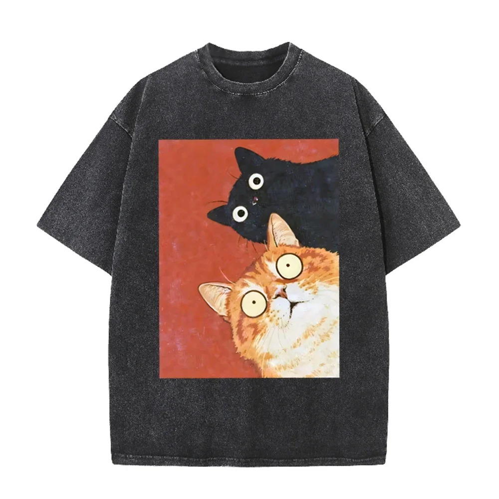 2026 Überraschte Orange-Schwarze Katze Retro Ölgemälde Grafik Schwarz Gewaschenes T-Shirt Niedliches Haustier Lässiges Oversized Unisex Kurzarm-Shirt