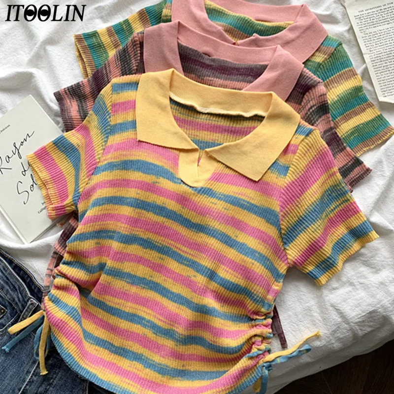 

ITOOLIN Cute Women Polo Collar T-shirt Crop Tops Short Sleeve Sweet Drawstring Knitt Tops Slim For Women T-shirt Versatile