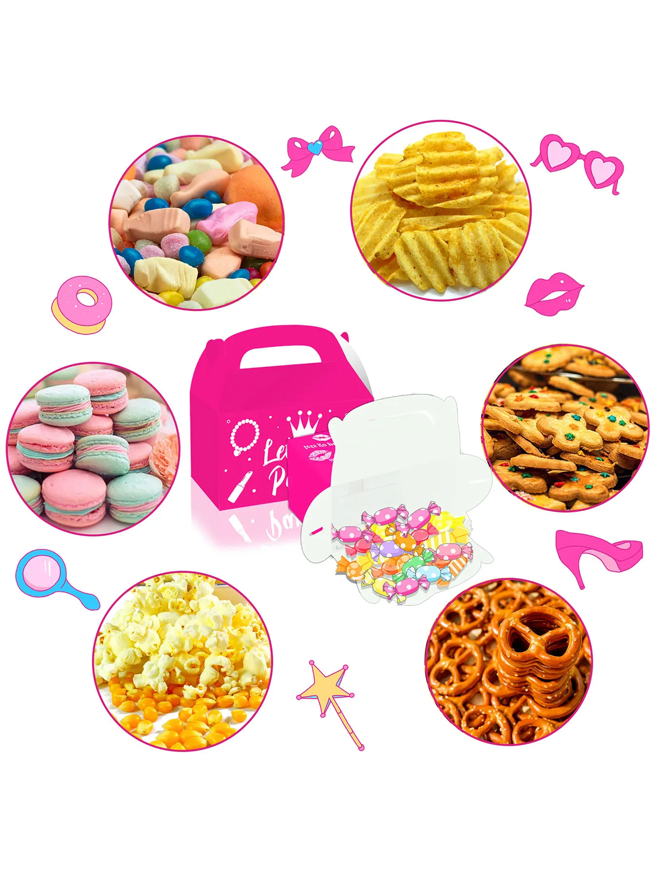 12 PCS Let's Go 파티 용품 핑크 사탕 상자 Let's Go 파티 선물 상자 치료 가방 소녀 생일 파티를위한 Goodie Bags