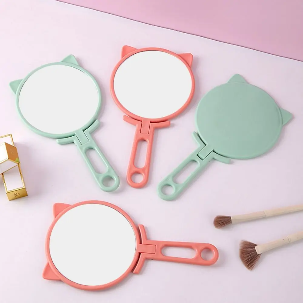 Portable Handheld Mirror Cartoon Cat Ear Shaped HD Makeup Mirror Adjustable Folding Handle Dressing Mirrors Student mirror car toy rearview infant backseat carseat safe baby cartoon shatterproof safety rear facing camera driver’s mirrors