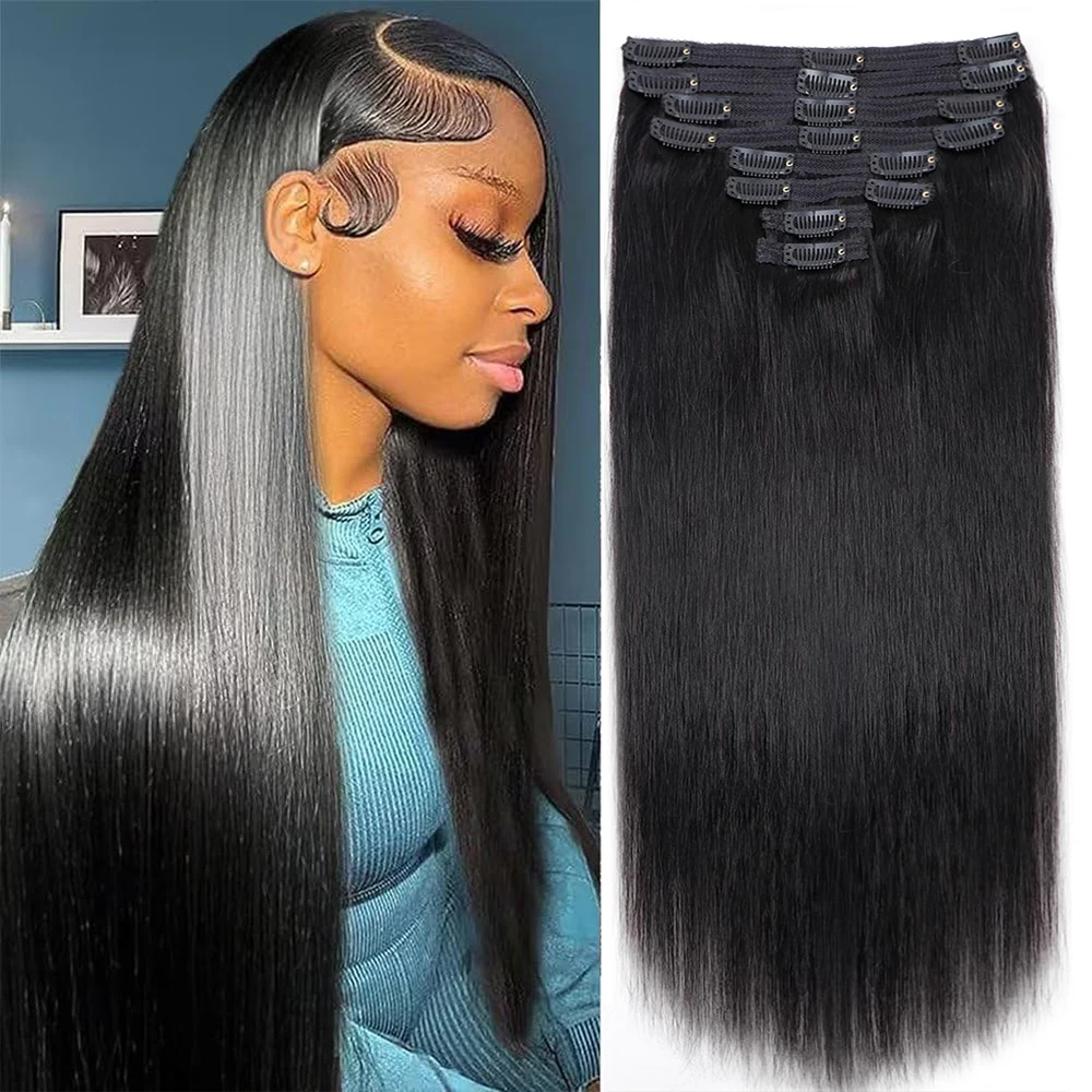 Clip in Hair Extensions Real Human Hair Straight Clip ins Remy Human Hair Invisible Natural Straight Seamless Clip on Human Hair