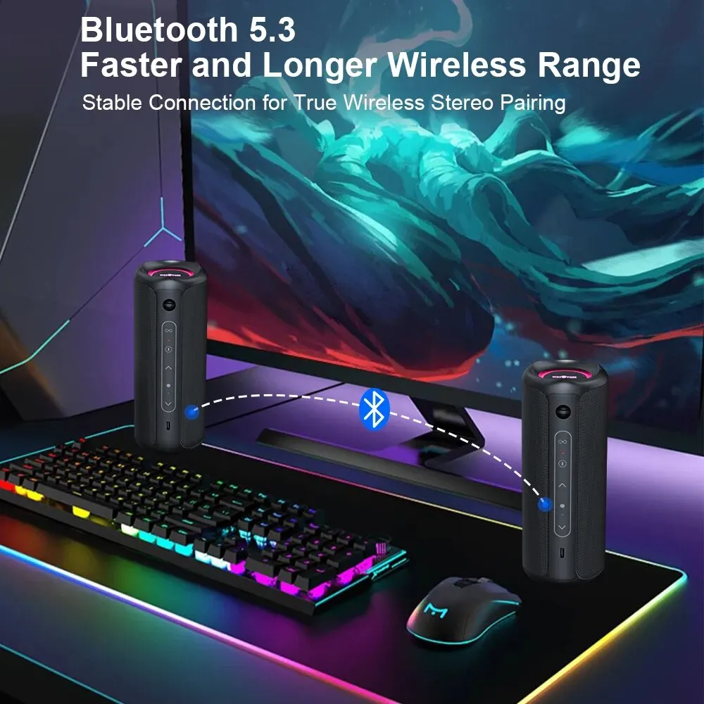 WISETIGER P3 Portable Bluetooth Speaker 30W Outdoor IPX7 Waterproof Bass Boost Sound Box TWS Dual Pairing BT5.3 RGB Lights 5