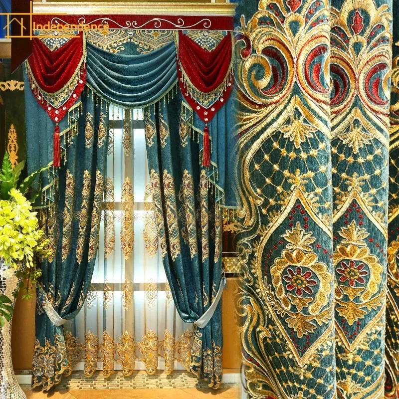 European-style high-end chenille gold  embroidered window screen curtains for living room bedroom finished product