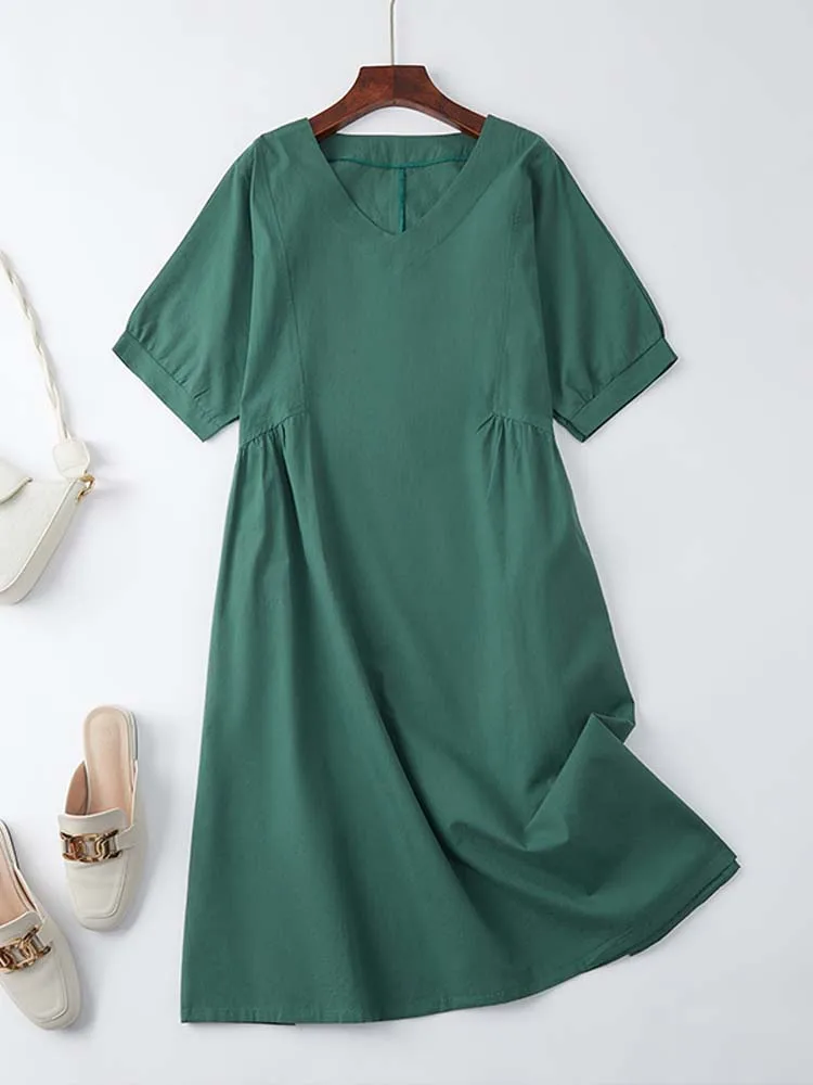 

Woman Minimalist Solid Midi Dresses 2022 New Summer Vintage High Waist A Line Lantern Sleeve Loose Vestidos for Women Robe Femme
