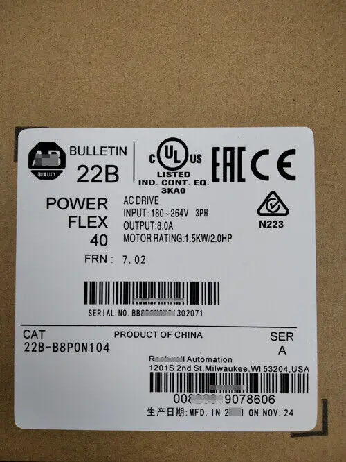 

22B-B8P0N104 Surplus Sealed 22B-B8P0N104 /A PowerFlex 40 AC Drive 240VAC 8A 2HP