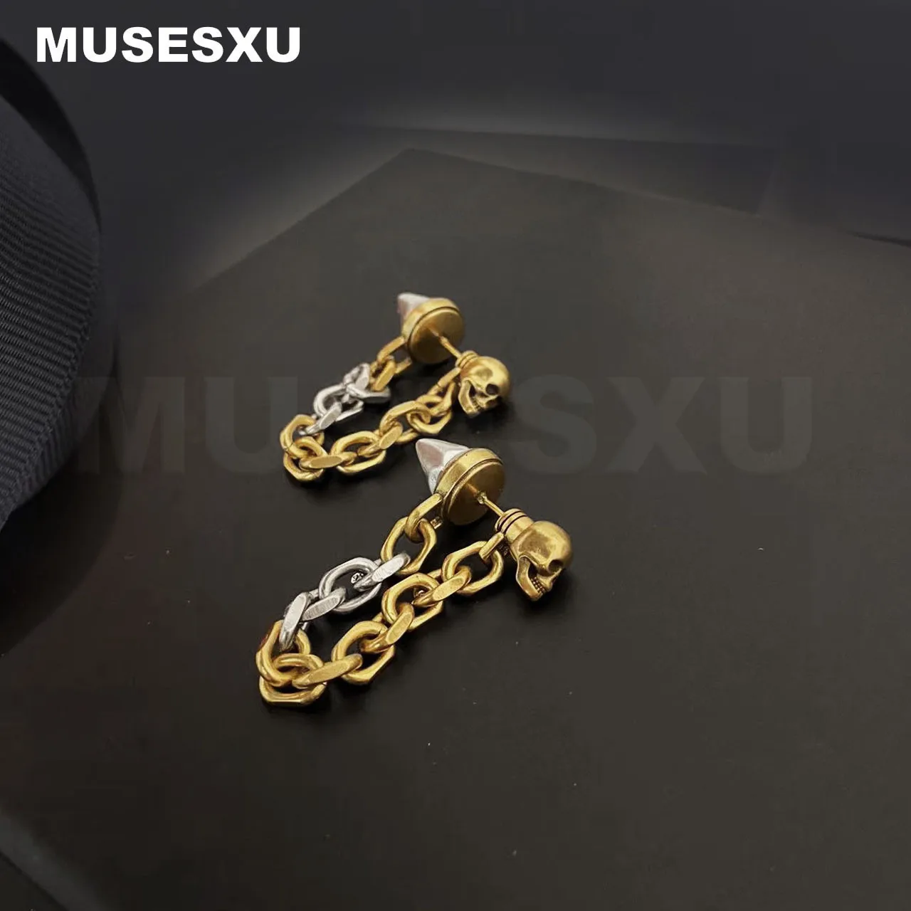 

Jewelry & Accessories Luxury Brand Silver Willow Nail & Golden Skull Tassel Chain Two-Color Earring For Woman's Party Gifts