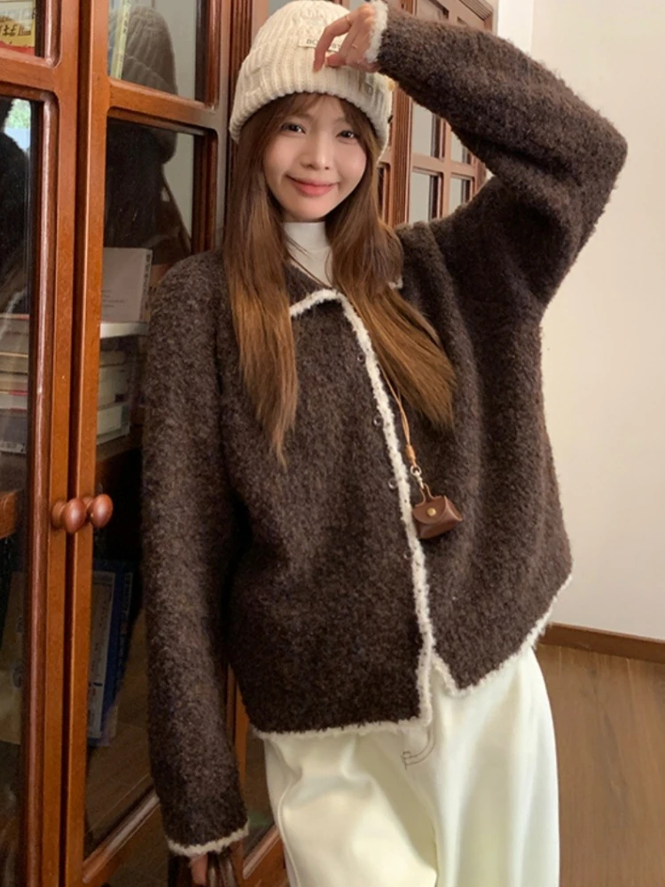 الكورية رمادي سترة مشغولة من الصوف المرأة الخريف الشتاء التلبيب كتلة اللون سترة Vintage كم طويل واحدة الصدر الملابس النسائية 3