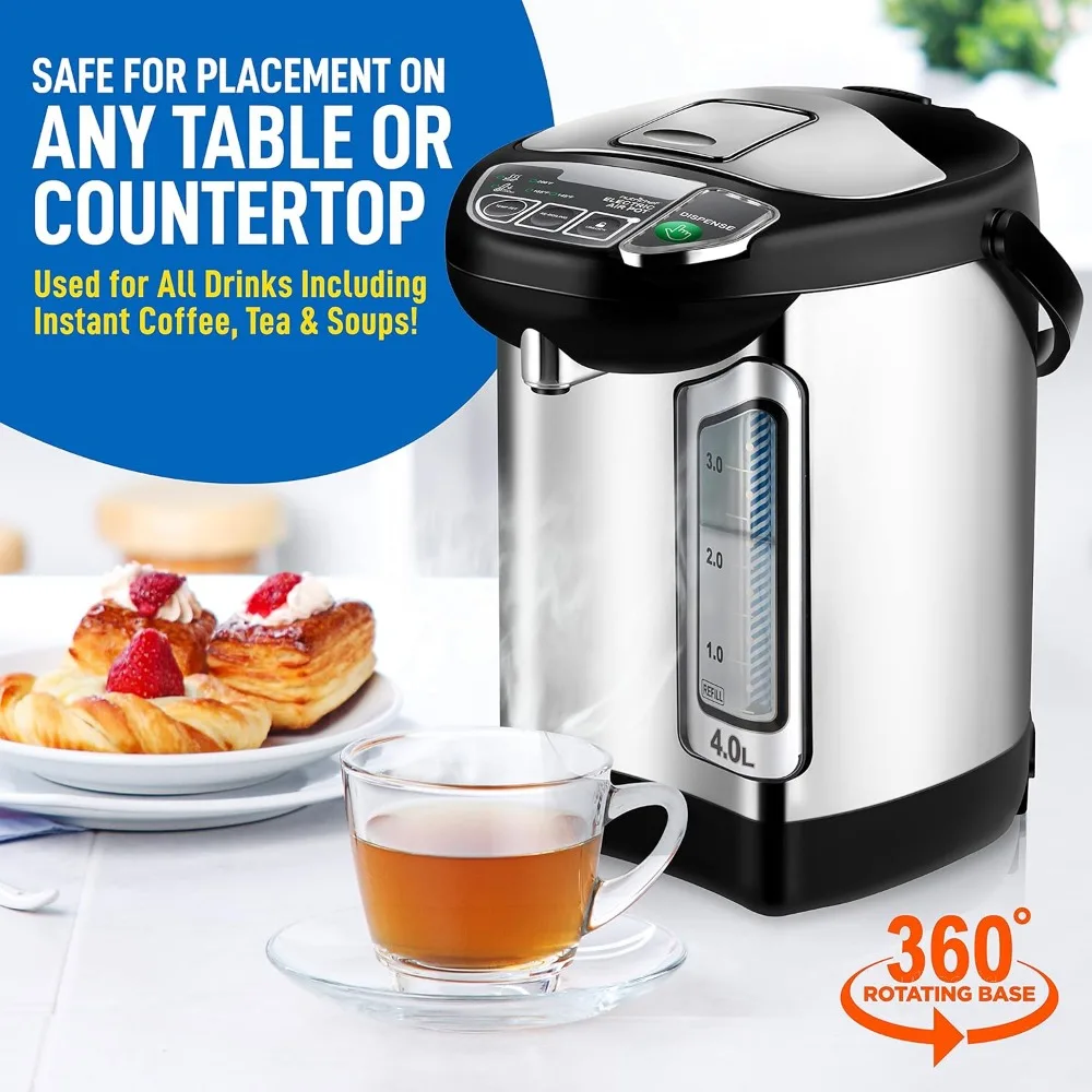 Electric Water Boiler and Warmer-4L Stainless Steel Hot Water Dispenser w/ Rotating Base, Auto Shut Off, Safety Lock,Household