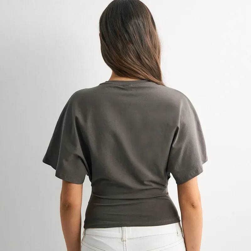 New 2026 Summer New Women's O Neck Pullover Five-quarter Sleeve Waist T-shirt Fashion Elegant Solid Color Casual Short Blouse