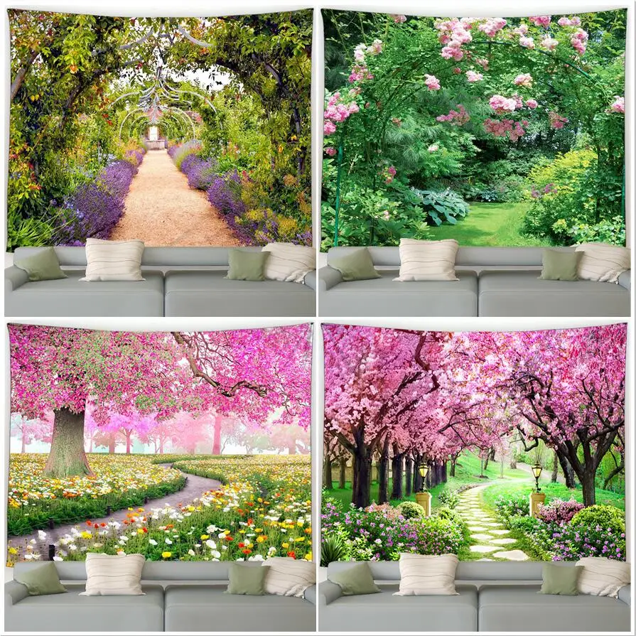 

Гобелен с цветами для сада, розовый цветок, дерево, Зеленый парк, природный ландшафт, настенная подвесная ткань из полиэстера, Декор для дома, гостиной, спальни