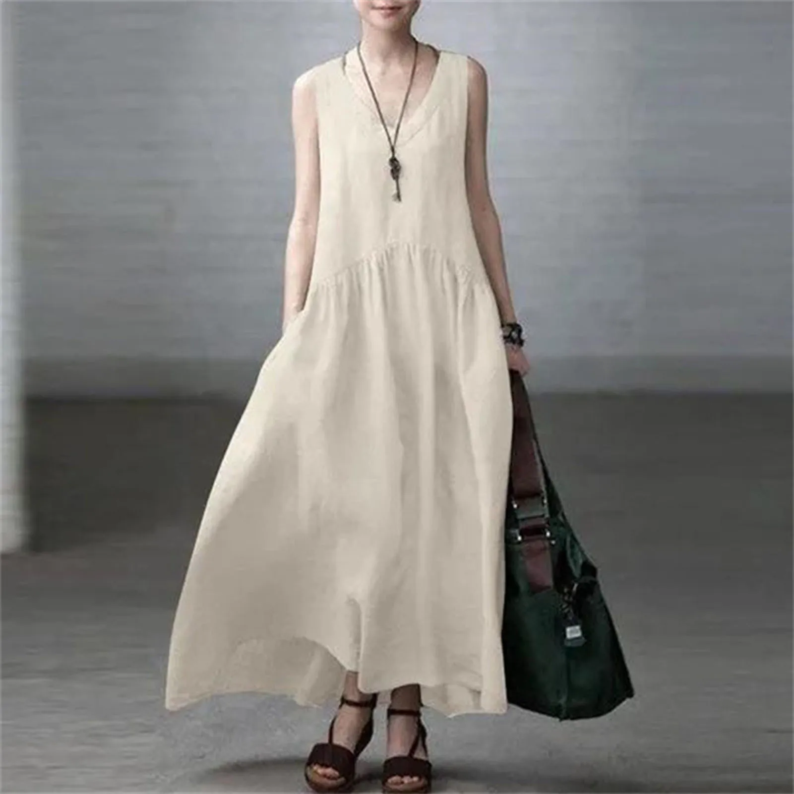 Loose Dress Cotton Linen Pocket Round Neck Sleeveless Dress Women Summer  Vintage Vestido Feminino Long - AliExpress 200000345