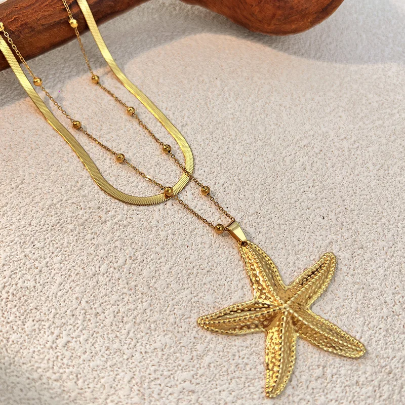 Retro Multiple Styles Starfish Pendants Polished Metal Butterfly PVD Hypoallergenic Snake Chain Textured Big Star Collar Jewelry