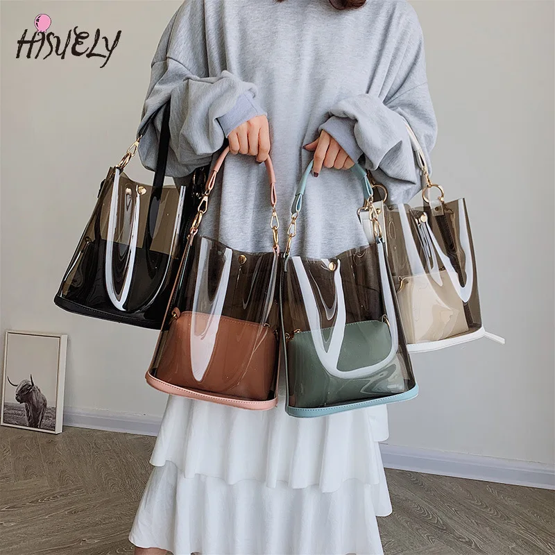 

HISUELY Fashion 2pcs Women Clear Transparent Shoulder Bag Jelly Candy Summer Beach Handbag Woman Messenger Bags Bolsa Feminina