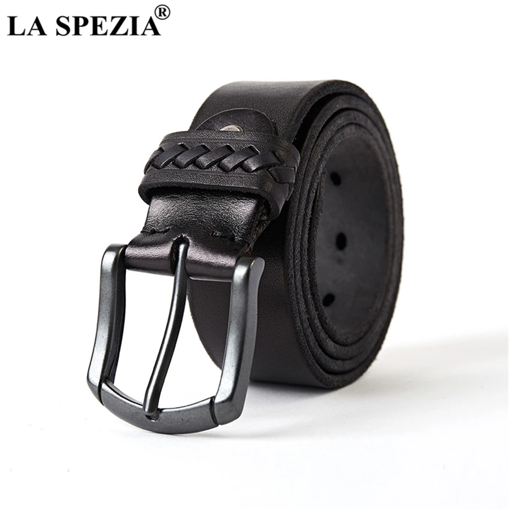 LA SPEZIA Men Leather Belt Black Pin Buckle Genuine Leather Belt Male Vintage Casual High Quality Trouser Belt Real Leather