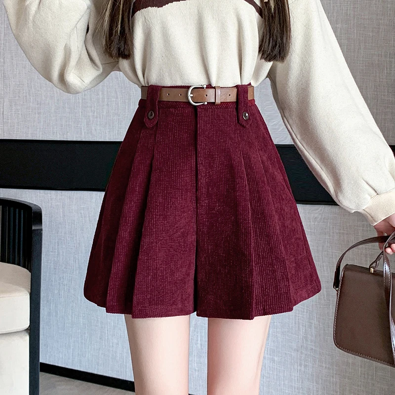 Autumn Winter Corduroy Women Shorts Korean Style Fashion High Waist A-line Pleated Shorts Skirts Ladies Casual Culottes