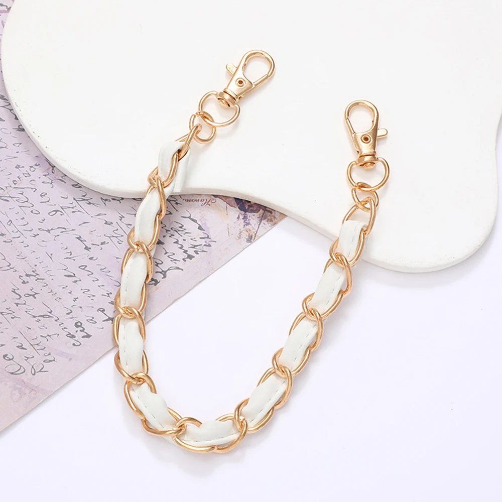 Vintage PU Leather+Metal Chain Strap For Handbag Women Fashion Wrist Strap Phone Lanyard DIY Replacement Purse Handles Bag Part