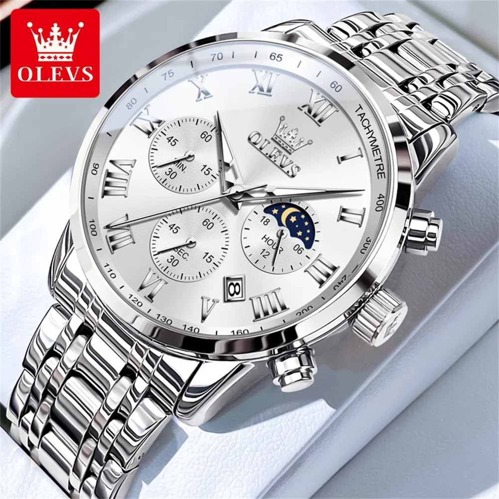 

OLEVS Men's Watches Original Fashion Roman Numeral Dial Quartz Wristwatch Waterproof Luminous Moon Phase Date Chronograph New