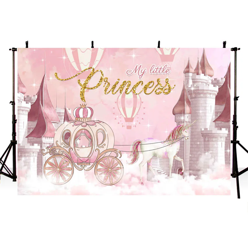 Fundo da Fotografia Decoração do Pano de Fundo Estúdio de Fotografia Balão Quente Carruagem do Castelo Rosa Ouro Princesa Menina Birthday Party - Image 5