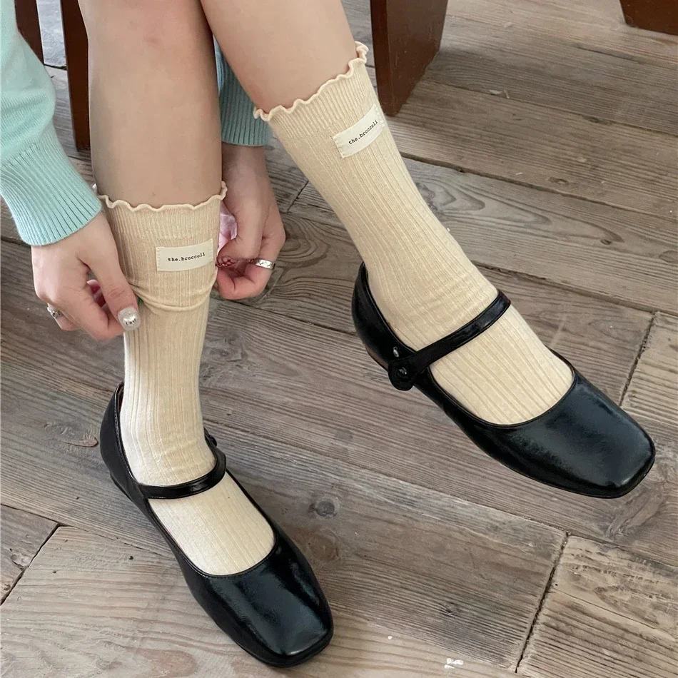 

Носки женские хлопковые трикотажные средней длины, модные однотонные в японском стиле JK Lolita Girls, милые носки с оборками, Осень-зима
