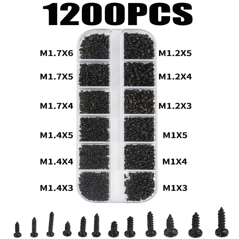 

1200Pcs M1 M1.2 M1.4 M1.7 Micro Glasses Screws Round Head Self-tapping Electronic Small Wood Screws Kit Assortment