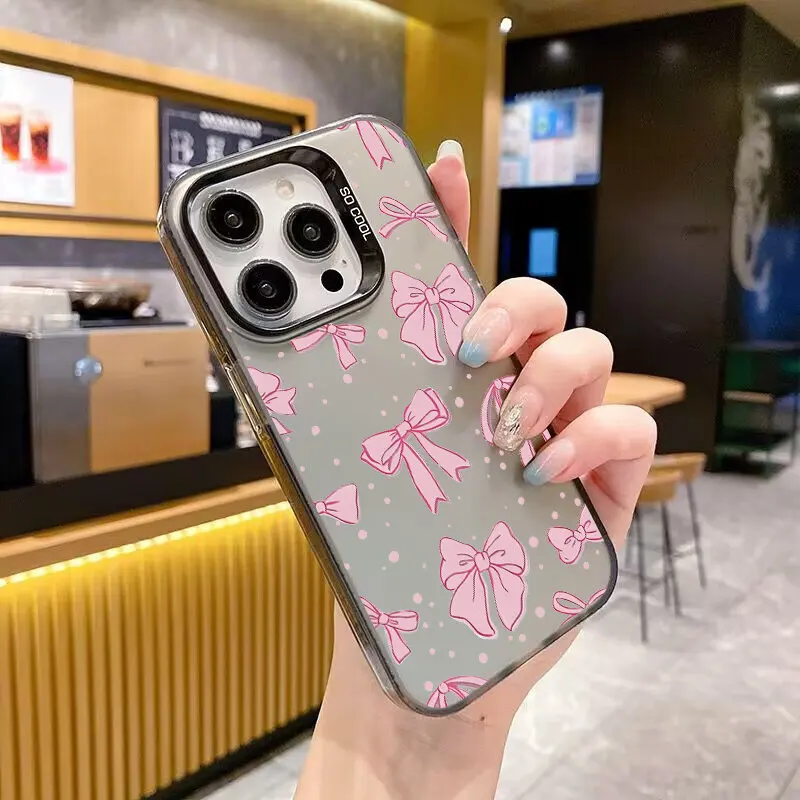 Cute Pink Stripe Bow Bowknot Laser Cartoon Luxury Phone Case