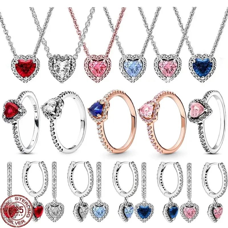 

Women's Jewelry 925 Sterling Silver Colorful Heart shaped Radiant Ring Earrings Necklace Valentine's Day Charming Jewelry