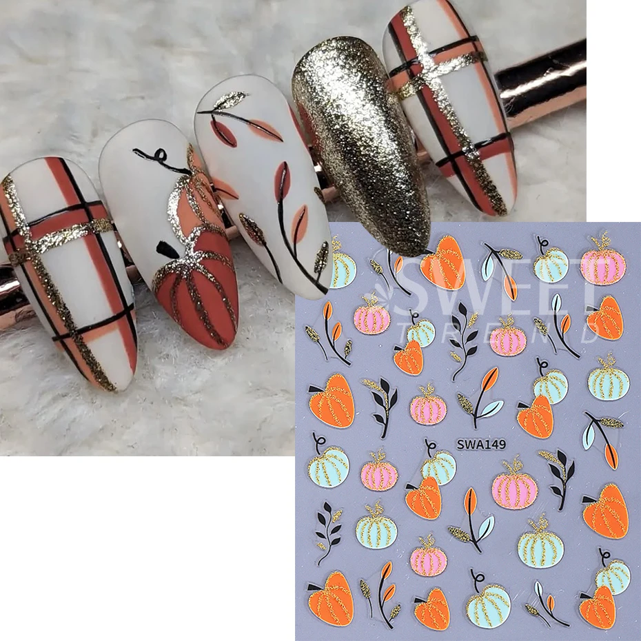 2pcs Glitter Pumpkin Nail Stickers Autumn Gold Edge Fall Leaves Designs 3D Self Adhesive Sliders Nail Decals DIY Manicure Decor