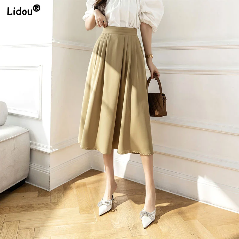 Streetwear Temperament Pleated Office Lady Knee-length Solid Pockets Spring Summer Thin Casual High Waist Loose Women's Clothing temperament skinny solid notched pleated button elegant blazers graceful intellectual women s clothing 2022 thin autumn winter