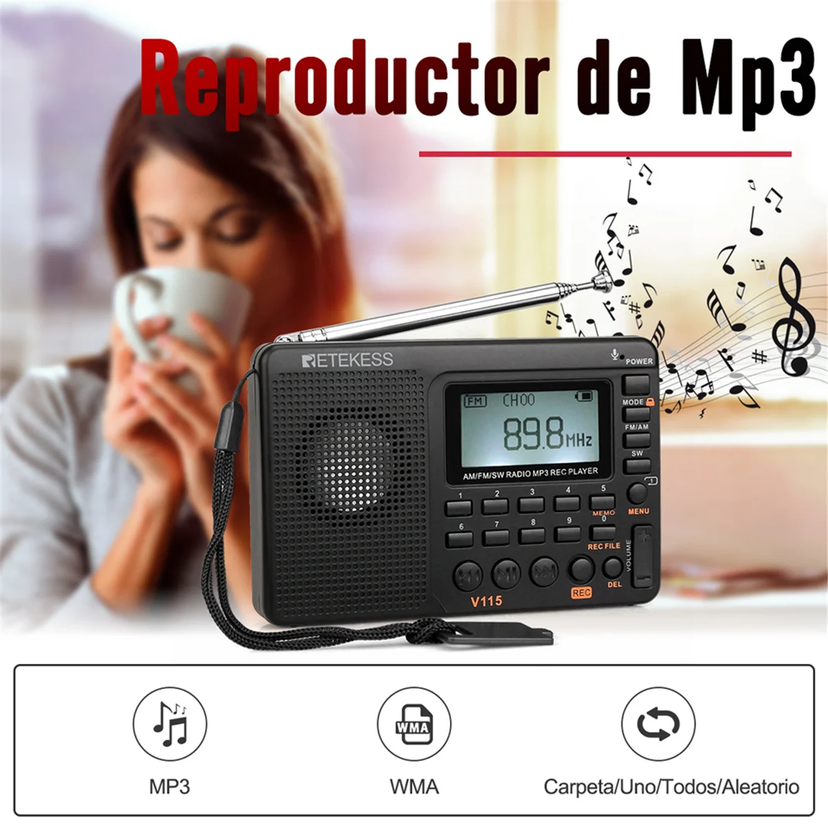 Equipo de Radio Multibanda Irfora Retekess V-115, Con Recepción FM/AM/SW y  Función Grabadora