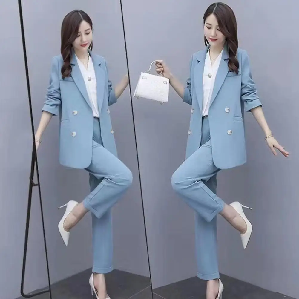 

Ankle Length Pants Set Elegant Women's Business Suit Set with Double-breasted Coat High Waist Pants for Formal Office Wear