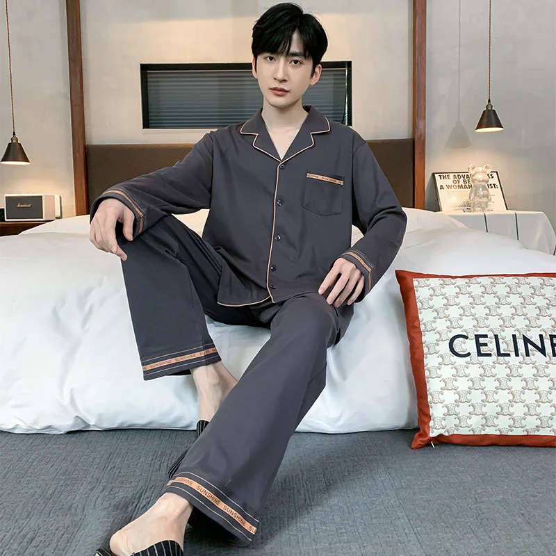 Cardigan Cotton Men's Pajamas Set Spring and Autumn Long Sleeves Nightwear Male Man Pijamas Casual Sleepwear pyjamas Freeship 2023 cotton pajamas set for couples spring autumn long sleeves sleeping top