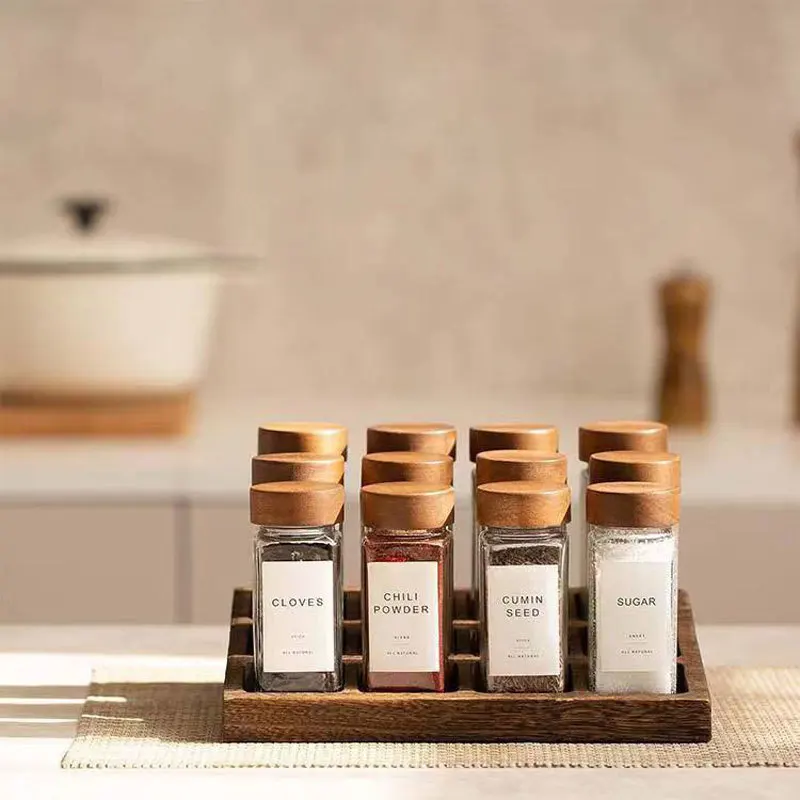 Glass Spice Jars Bamboo Lid Spice Seasoning Containers Pot Salt Pepper Shakers Organizer Kitchen Jar Set