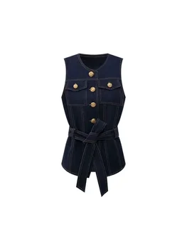 2026 Sleeveless Retro Style Cowgirl Vest Y2K Summer New Slim Waist Top Breathable Jacket Round Neck Single Button 1