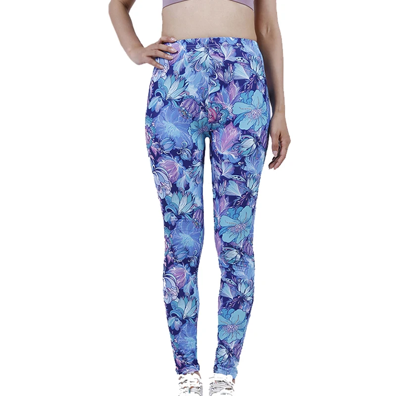 PD319 Blue Petal Flower Leggings Outdoor Sports Cropped Stretch Pants 5