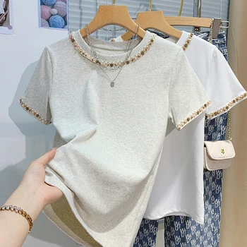 2025 النساء تي شيرت قصيرة الأكمام تيز عادية جديدة بلوزات بيضاء المرأة المحملة التطريز موضة السيدات تي شيرتات قطن المرأة تيز القمم 4