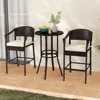 3-Piece Outdoor Bar Set - Patio Wicker Rattan Bar Height Barstools w/Cushions, Footrest, Round Glass Top Table, High Top Bistro 1