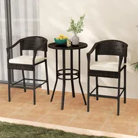 3-Piece Outdoor Bar Set - Patio Wicker Rattan Bar Height Barstools w/Cushions, Footrest, Round Glass Top Table, High Top Bistro 1
