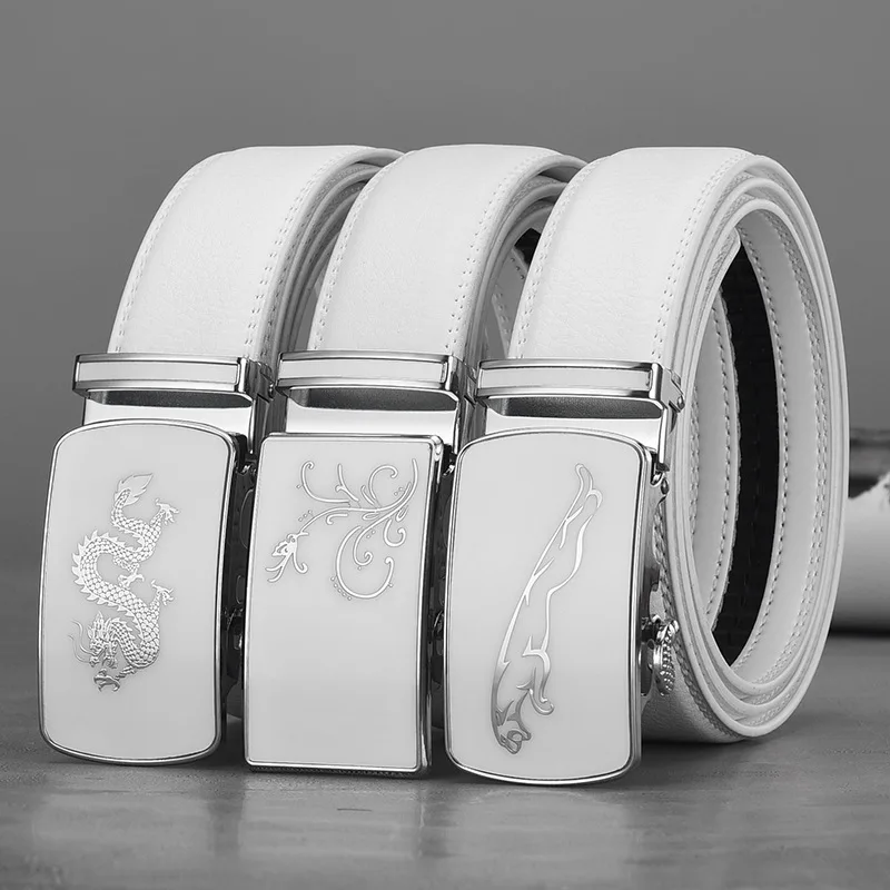 White Automatic Buckle Cowhide Belt Chic Casual Commercial Luxury