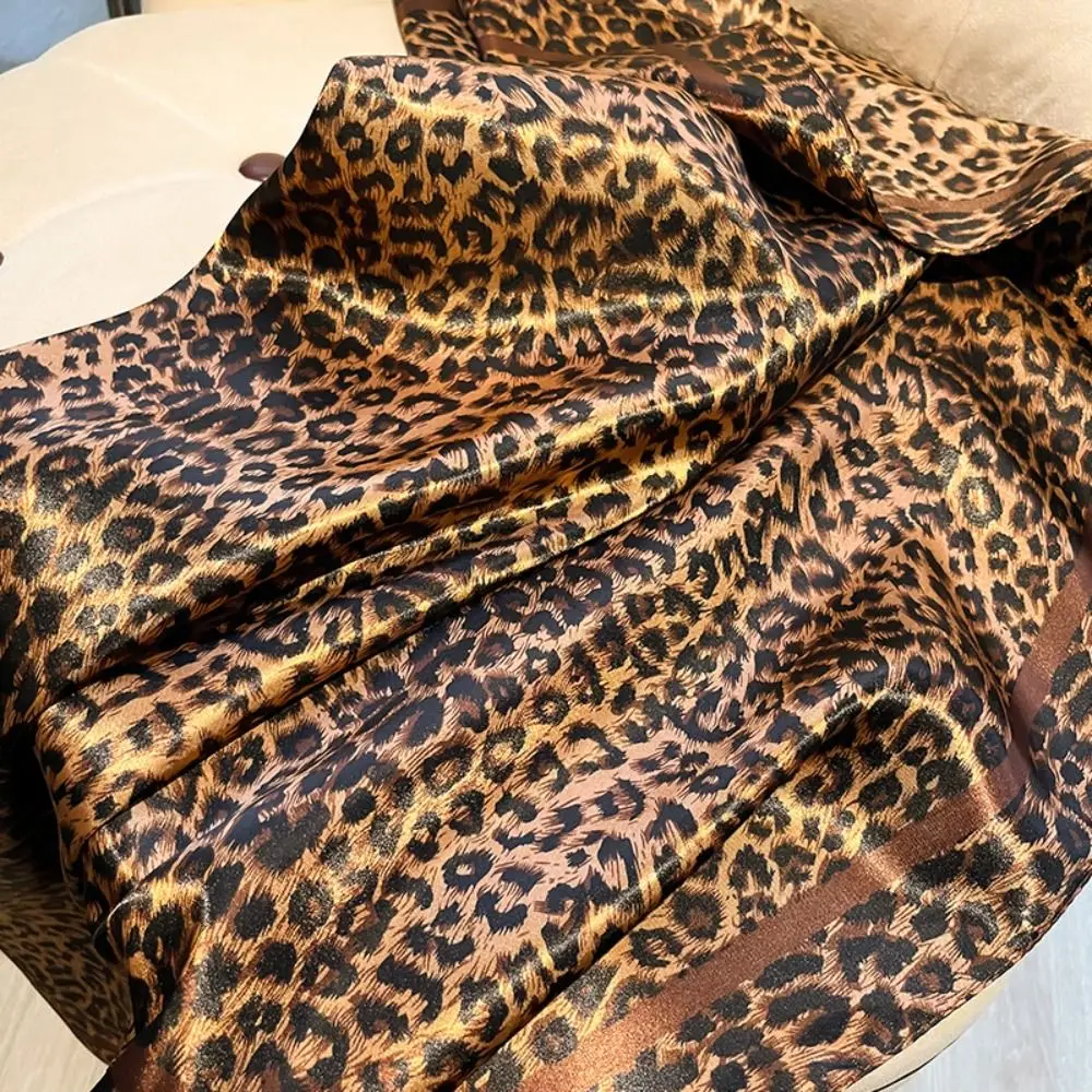 Elegant 90cm Women Square Scarf Satin Bandana Large Hijab Lady Hair Shawl Wrap Leopard Print Neck Foulard Female Neckerchief