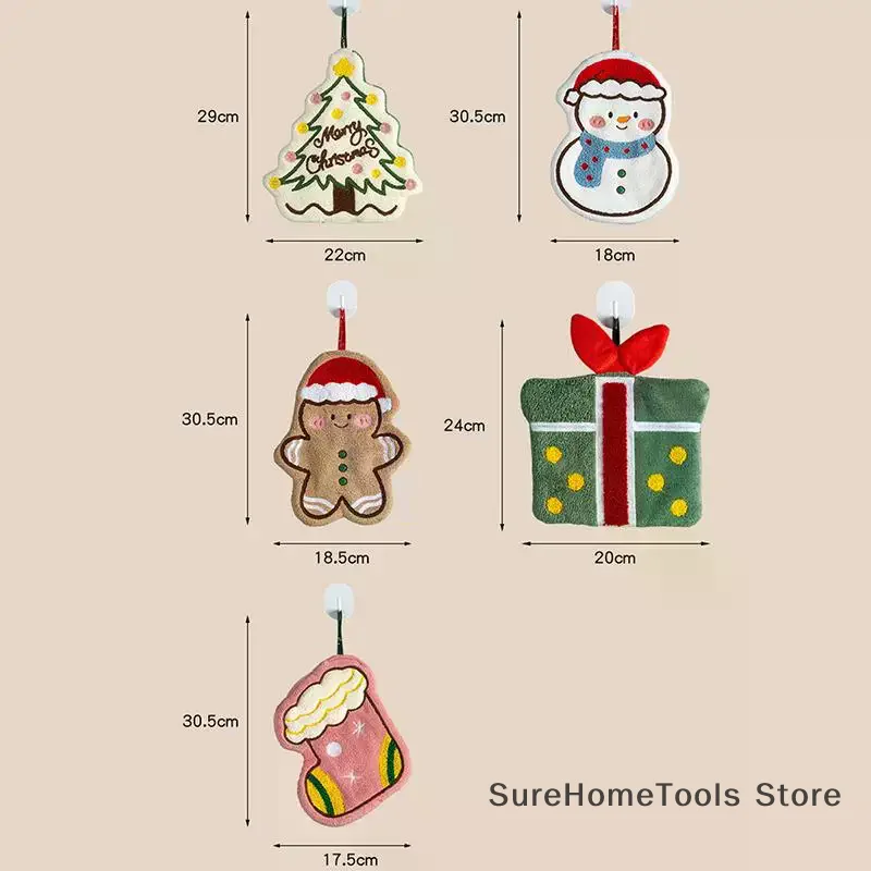 Christmas Coral Fleece Hand Towel Cartoon Gingerbread Man Snowman Tree Soft Absorbent Home Kitchen Bathroom Cleaning Cloth