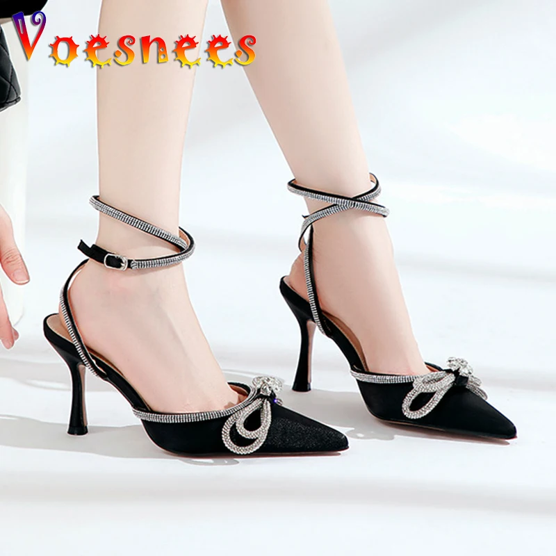 

2023 New Bow-knot Rhinestone Sandals Women's Cross Buckle Strap Silks High Heels 8.5CM Summer Pointed Women Shoes Plus Size 43