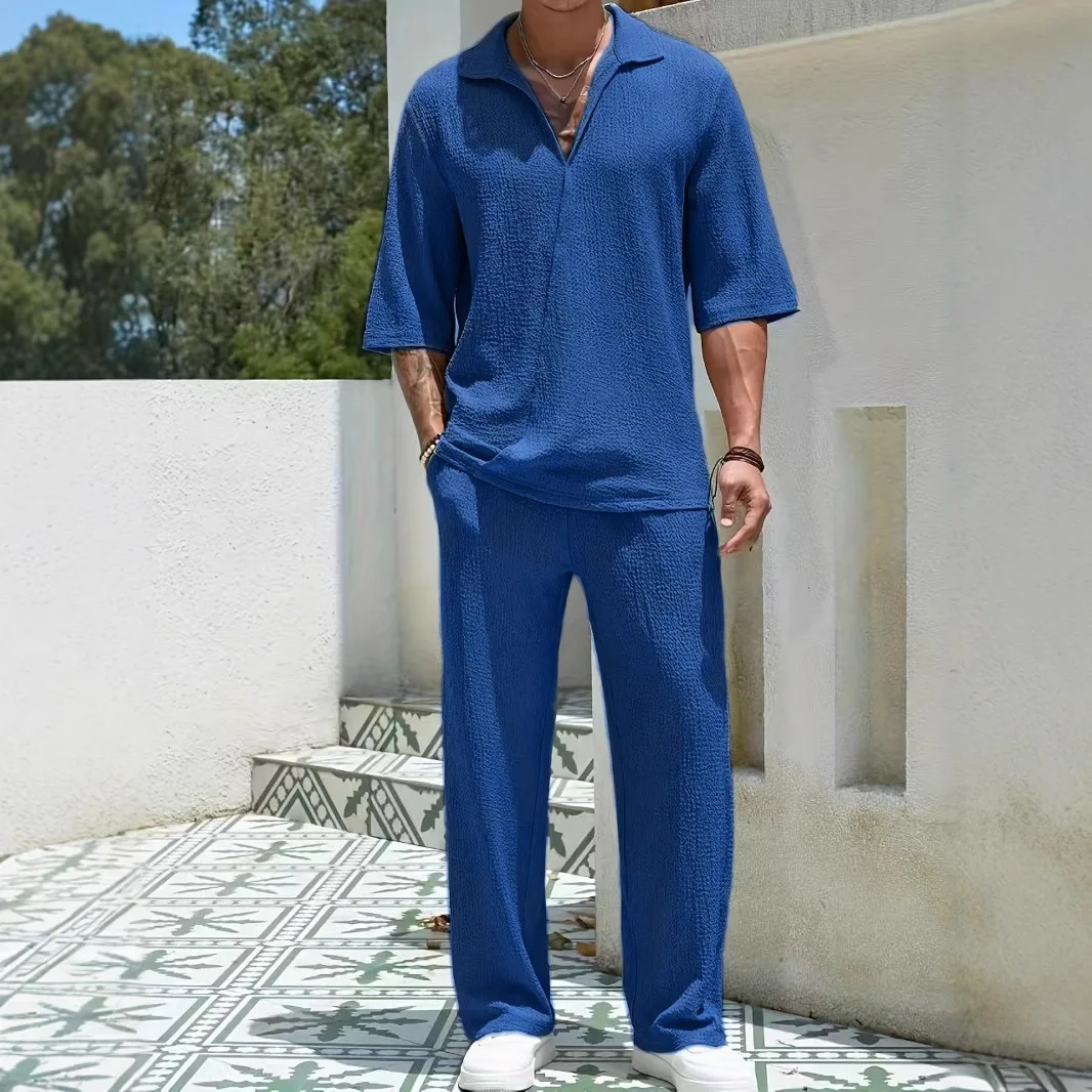 Casual Men Two Piece Set Half Sleeve Blouse Shirts and Wide Leg Pants